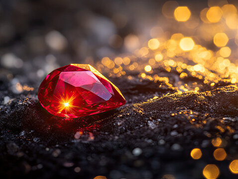 Close-up of a sparkling ruby resting on a black surface.