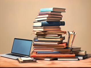 a stack of books next to a laptop on a desk, representing study and research