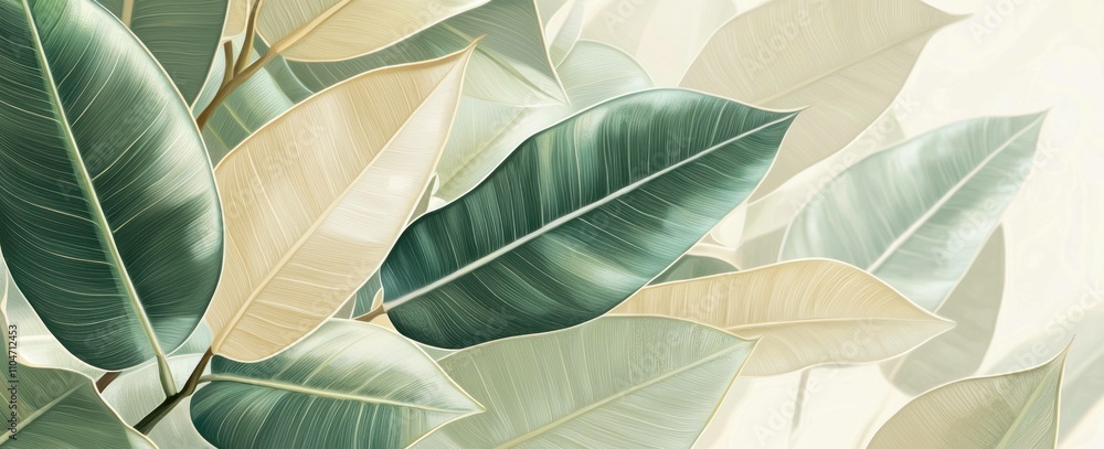 Aufkleber soft green and beige leaves overlapping, creating a serene and calming natural background with a lig