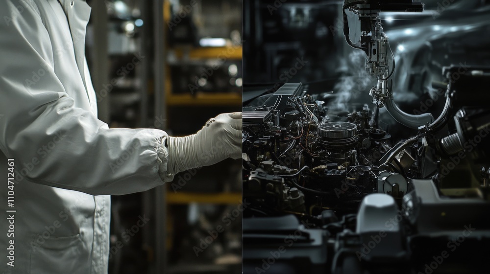Poster hands in protective gloves working on machinery in a factory setting
