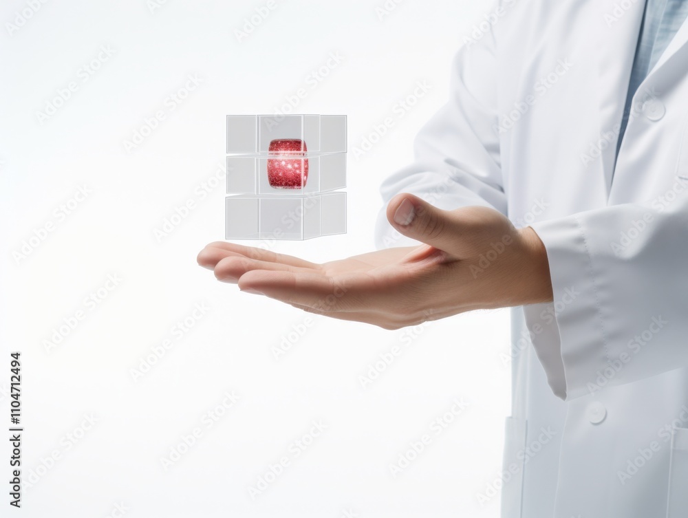 Poster scientist holding a 3d model of a cube with a digital element