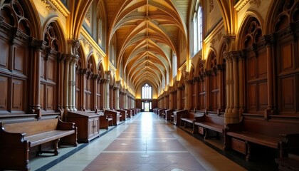 Obraz premium Elegant cathedral interior with vaulted arches and wooden benches