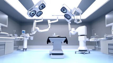 A futuristic robotic surgery theater, advanced hospital setting with surgical robots performing delicate procedures, Medical style