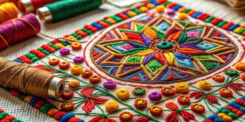 Traditional Indian embroidery in progress with colorful threads and intricate patterns , India, traditional crafts
