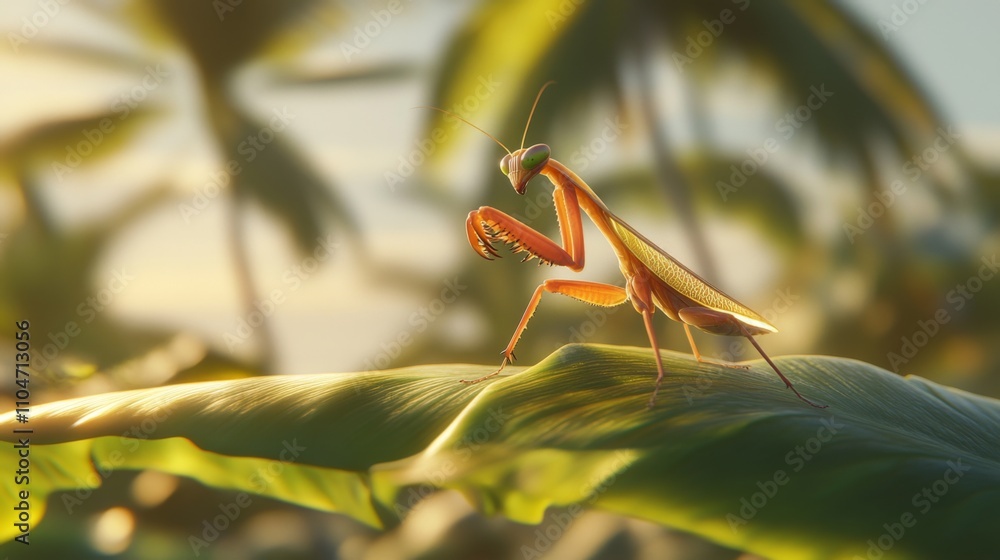 Poster captivating praying mantis resting on lush green leaf in nature