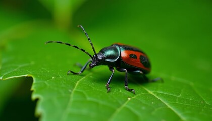 Fototapeta premium Vibrant bug on verdant leaf a natures artistry