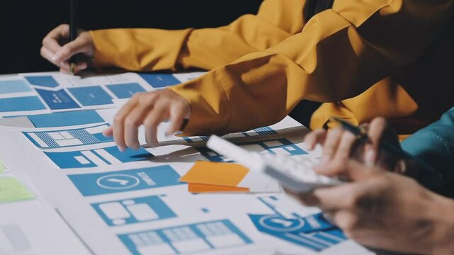 UX developer and ui designer brainstorming about mobile app interface wireframe design with customer breif and color code. business working