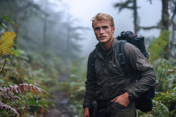 Caucasian male ranger patrolling at foggy dense forest for conservation