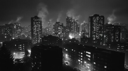 A nighttime cityscape with illuminated buildings and smoke rising.