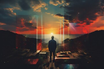 a person standing on a surreal landscape at sunset, contemplating the horizon