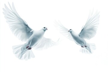 Obraz premium Beautiful, high-quality white doves flying alone against a white background. Generative Ai