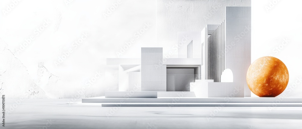 Poster modern architectural design featuring geometric shapes and a large spherical element