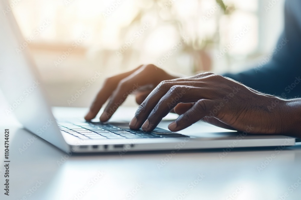 Poster hands typing on a laptop keyboard in a bright workspace