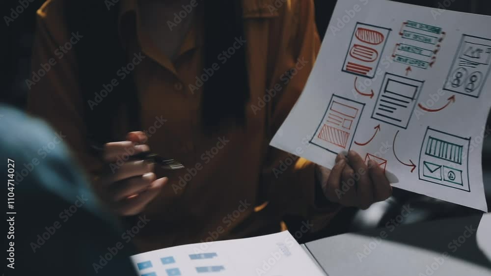 Wall mural ux developer and ui designer brainstorming about mobile app interface wireframe design with customer