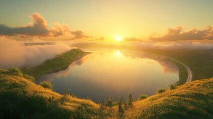 Obraz premium Serene Sunrise Over Calm Lake Surrounded by Lush Green Hills