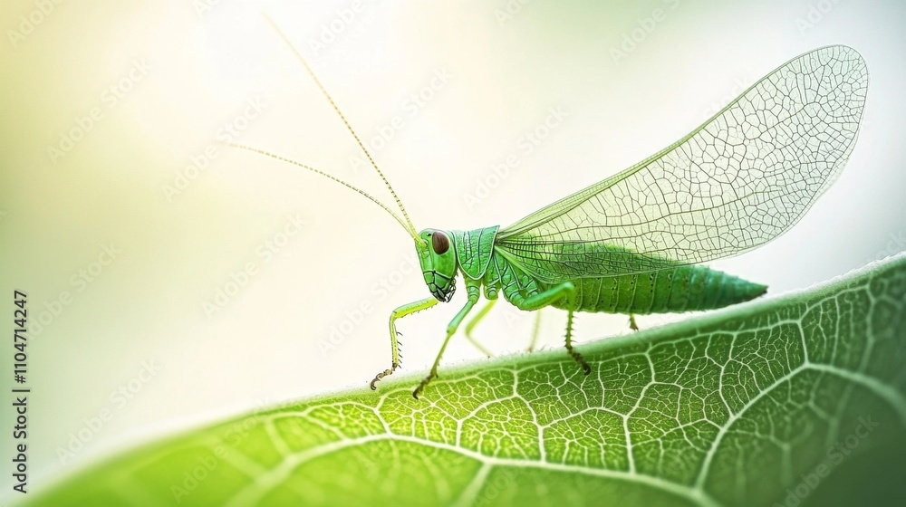 Poster Green Grasshopper on Leaf Close-Up with Soft Background Lighting