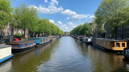 Fototapeta premium Sunny day on a canal with houseboats and lush green trees.