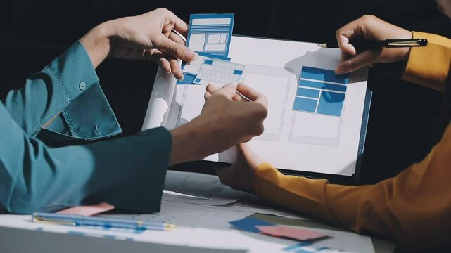 UX developer and ui designer brainstorming about mobile app interface wireframe design with customer breif and color code. business working