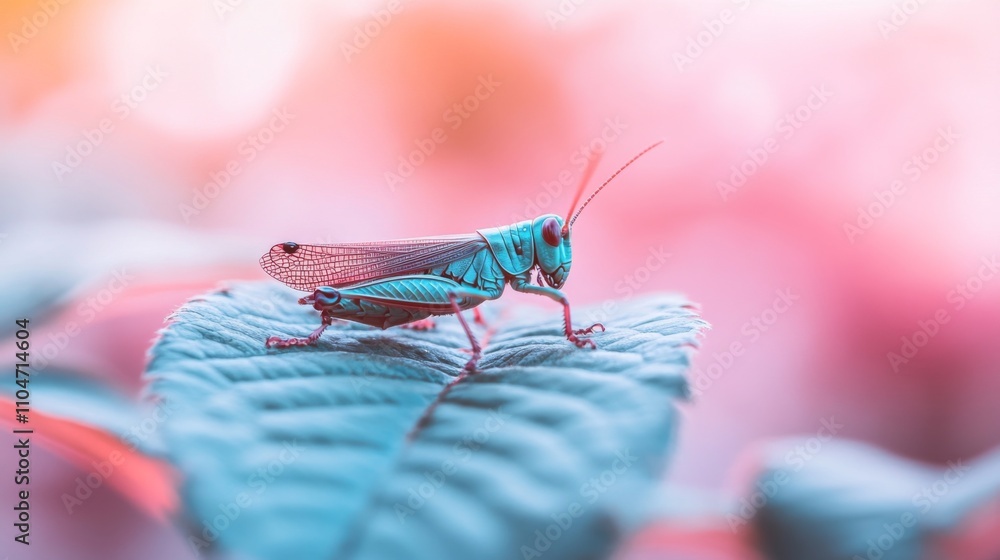 Poster colorful grasshopper on leaf with vibrant background in nature