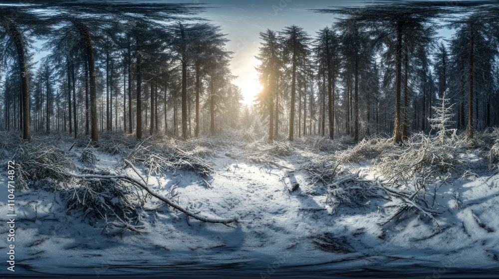 Poster a serene winter forest scene with snow-covered trees and sunlight filtering through.