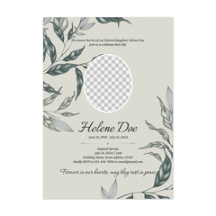 Floral funeral invitation template features a delicate floral border on both sides on a light green background conveying a sense of respect and solemnity