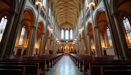  Elegant interior of a cathedral with stained glass windows and wooden pews
