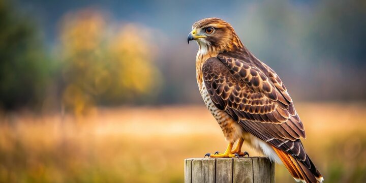 Red tailed hawk perched on fence's pole with copy space, Red tailed hawk, fence, pole, perched, bird of prey