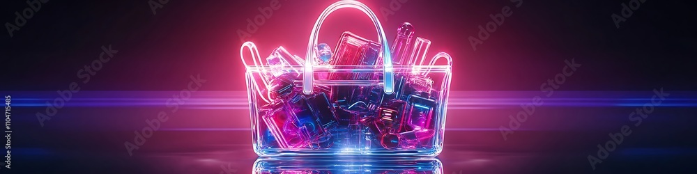 Wall mural a stunning, sharp image of a transparent handbag full of neon objects on a reflective surface, illum