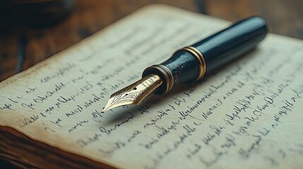 A vintage fountain pen rests on an open journal filled with elegant cursive handwriting.