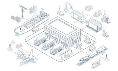 Smart logistics solutions integrate delivery robots, warehouse management, and transportation to optimize the entire supply chain process. Vector illustration eps10