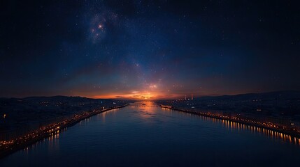 Night cityscape with river reflection and starry sky at sunrise.