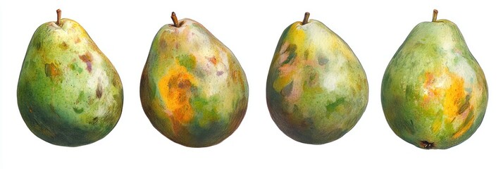 Four ripe pears with green and yellow skin, showing discoloration and blemishes.