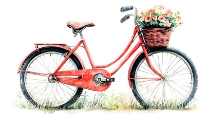 Fototapeta premium Red Bicycle with Flowers in Basket Watercolor Painting