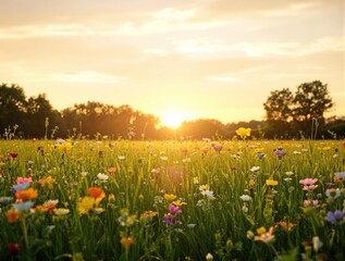 Fototapeta premium Warm light of sunset illuminating a sea of green grass and wildflowers in the foreground with blurred trees behind, , flowers in bloom, sunrise meadow
