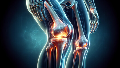 Human knee joint with highlighted areas indicating pain or inflammation resembling a medical diagram or scan. Pain. Acute pain in a knee joint. Close-up. Pain area of red color. Arthritic knee joint.