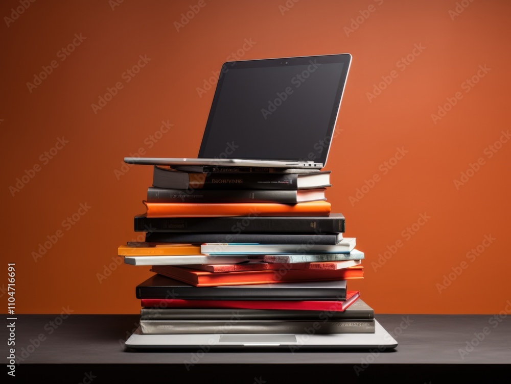 Poster laptop on a stack of books representing knowledge and technology