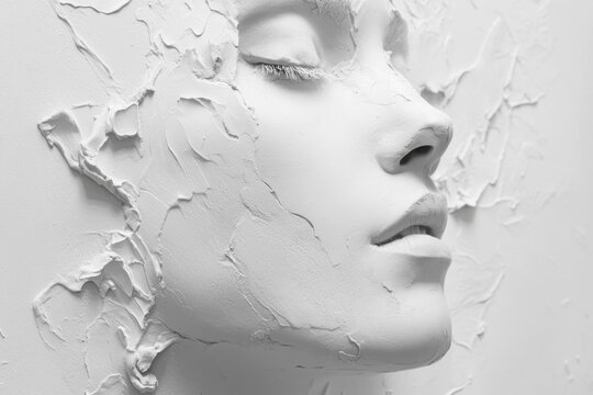 Serene womanâ€™s face partially covered in white texture, representing beauty and emotions in a minimalistic style. Artistic and conceptual photography idea.