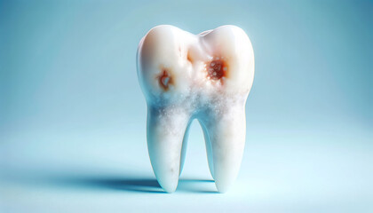 Diseased tooth on a soft pastel blue background. Dental Tooth Insurance And Replace Enamel Service. The concept of medical examination. Stomatology. Dental problem. Poor oral hygiene concept. 