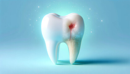 A tooth, one half is healthy, the other is diseased on a soft pastel blue background. Concept of tooth treatment and dental care. Stomatology. Dental problem. Poor oral hygiene concept. 