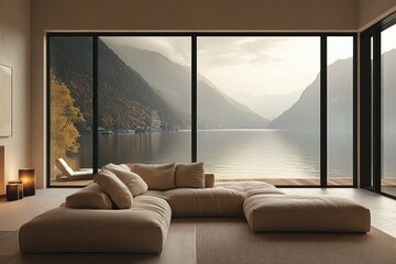 Modern living room with sectional sofa and panoramic lake view.