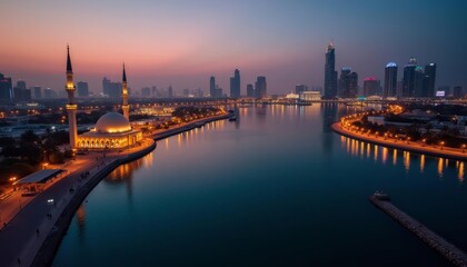 Fototapeta premium Elegant cityscape at dusk with mosque and river
