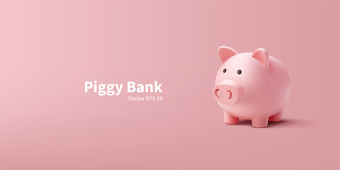 Piggy bank on pink background, 3D. Realistic image of a piggy bank for concepts of saving, preservation, and accumulation of funds. Vector illustration.