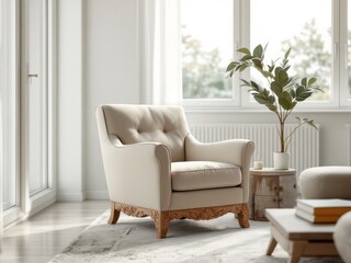 A beige, comfortable chair.