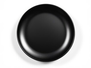 A black, round plate, empty and viewed from the side, highly realistic.