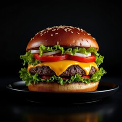 A black plate holds a delectable beef burger, detail-rich AI image.