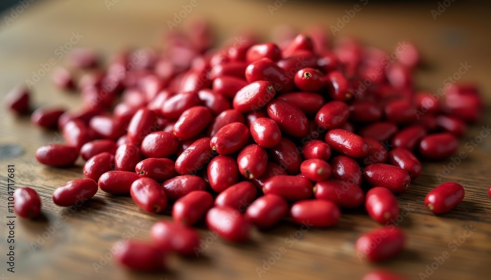 Sticker  Bright red pomegranate seeds on a wooden surface