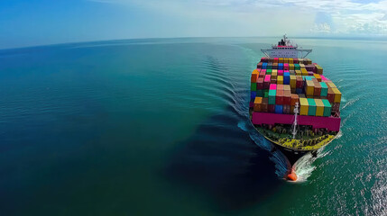 Large cargo ship sailing on calm ocean waters, colorful containers stacked high