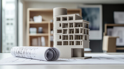 detailed architectural model on blueprints in modern office