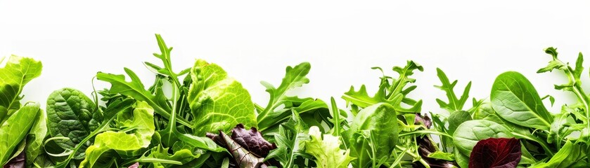 A vibrant display of fresh, green leafy vegetables against a white background, showcasing a variety of textures and colors.