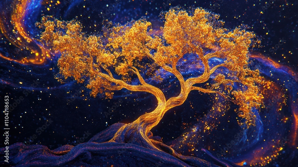 Poster a glowing tree against a cosmic backdrop, symbolizing life and connection to the universe.